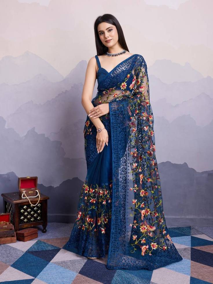 Navy blue embroidered net sarees with blouse